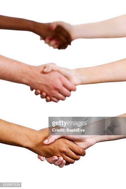 three mixed handshakes isolated on white - handshake isolated stock pictures, royalty-free photos & images