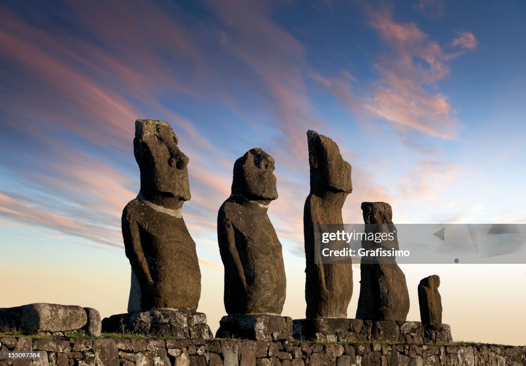 Dawn over Moais at Ahu Tahai on Easter Island Chile