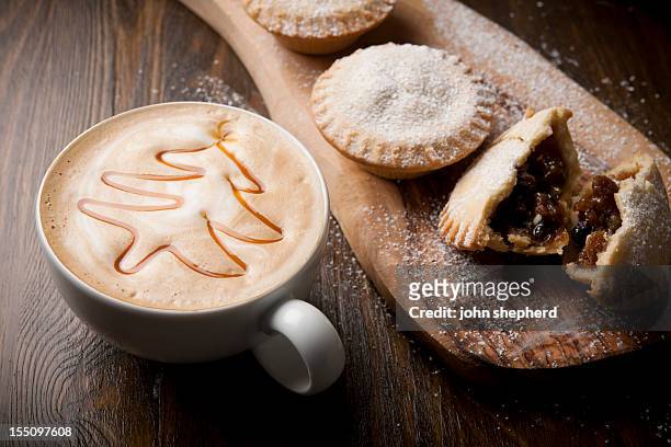 mince pies with festive coffee - christmas coffee stock pictures, royalty-free photos & images