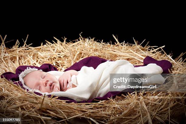 nativity with baby sleeping in manger - white jesus stock pictures, royalty-free photos & images