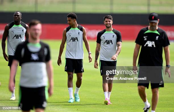 Cody Gakpo and Dominik Szoboszlai of Liverpool during a training session on July 17, 2023 in UNSPECIFIED, Germany.