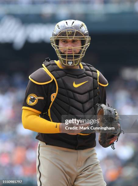 Gary Sanchez of the San Diego Padres looks on during the game against the Detroit Tigers at Comerica Park on July 23, 2023 in Detroit, Michigan. The...