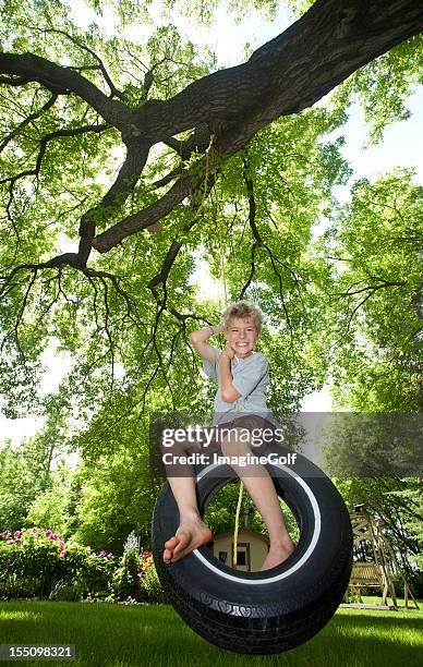 handsome young caucasian boy on a tire swing - tyre swing stock pictures, royalty-free photos & images