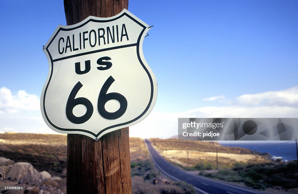 California route 66 road sign on wooden pole
