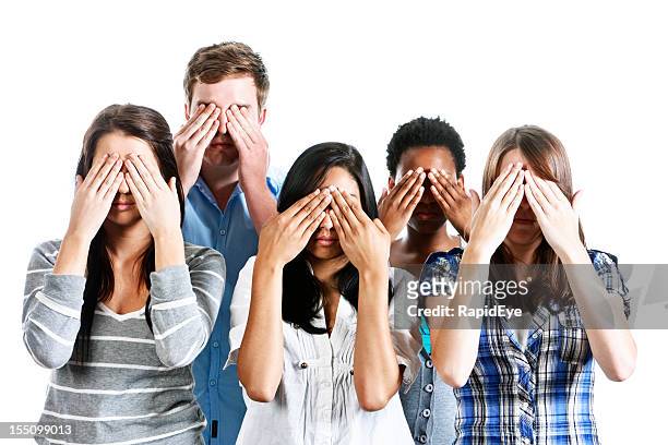 don't show me that! five young people cover eyes - see no evil stock pictures, royalty-free photos & images