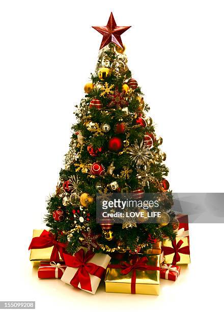 christmas tree and gifts - christmas tree isolated stock pictures, royalty-free photos & images