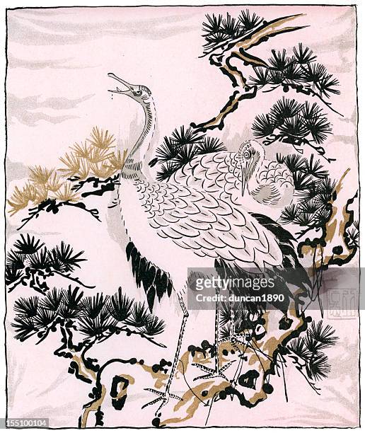 japanese art - picture of a crane - japanese crane stock illustrations
