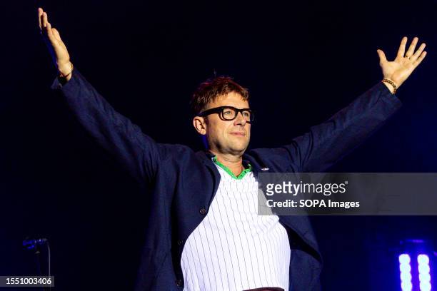 Damon Albarn of Blur Rock band performs live at Lucca Summer Festival in Lucca.