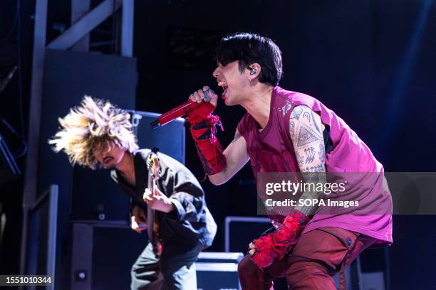 Ryota Kohama and Takahiro Moriuchi, also known as Taka of One Ok Rock Japanese rock band perform live at Fabrique in Milan.