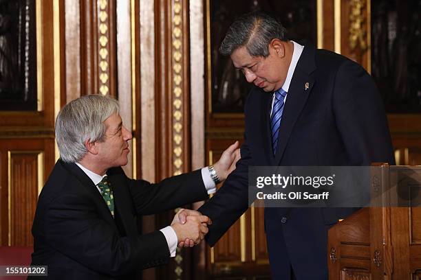Susilo Bambang Yudhoyono, the President of the Republic of Indonesia, is congratulated by the Speaker of the House of Commons, John Bercow , after...