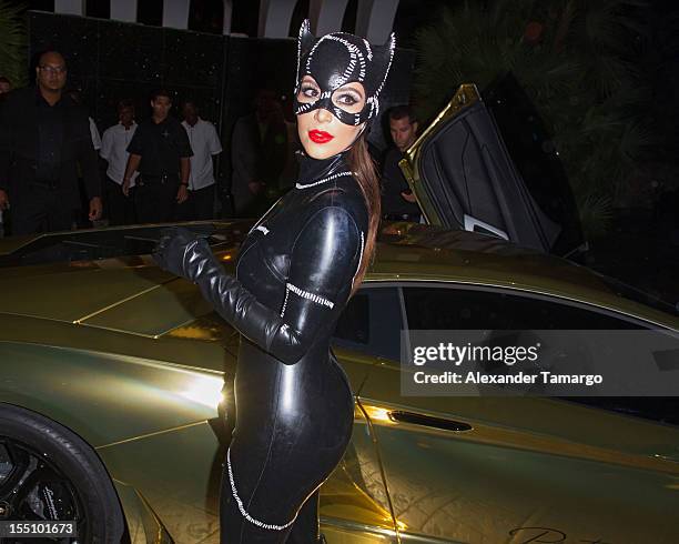 Kim Kardashian arrives at Kim Kardashian's Halloween party at LIV nightclub at Fontainebleau Miami on October 31, 2012 in Miami Beach, Florida.