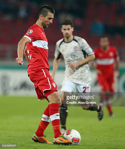 Vedad Ibisevic of Stuttgart controles the ball during the second round match of the DFB Cup between VfB Stuttgart and FC St.Pauli at Mercedes-Benz...