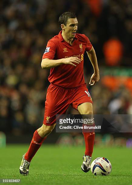 Stewart Downing of Liverpool in action during the Capital One Cup Fourth Round match between Liverpool and Swansea City at Anfield on October 31,...