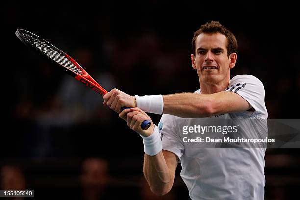 Andy Murray of Great Britain in action against Jerzy Janowicz of Poland during day 4 of the BNP Paribas Masters at Palais Omnisports de Bercy on...