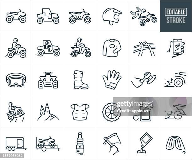 stockillustraties, clipart, cartoons en iconen met dirtbike, atv, utv and offroad vehicles thin line icons - editable stroke - racemotor circuit