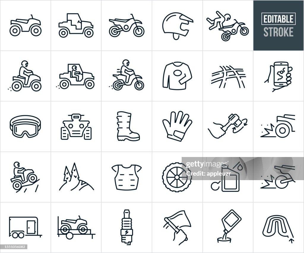 Dirtbike, ATV, UTV And Offroad Vehicles Thin Line Icons - Editable Stroke