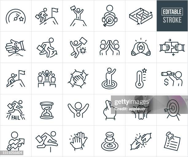 illustrazioni stock, clip art, cartoni animati e icone di tendenza di icone a linee sottili degli obiettivi aziendali - tratto modificabile - alpinismo