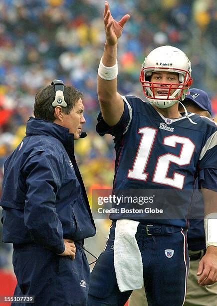 Strange play in the second quarter, Patriots quarterback Tom Brady, #12, turned and fired what he thought was a forward pass to running back Kevin...