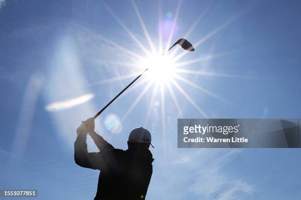 Shane Lowry of Ireland tees off on the 5th hole during a practice round prior to The 151st Open at Royal Liverpool Golf Club on July 17, 2023 in...