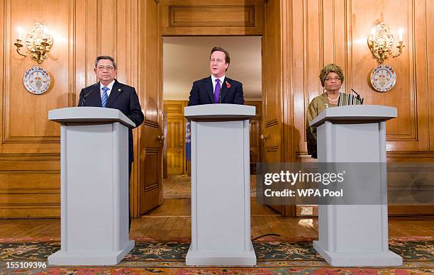 Indonesian President Susilo Bambang Yudhoyono, British Prime Minister David Cameron and Liberian President Ellen Johnson Sirleaf hold a joint press...