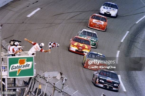 February 13, 1997: Dale Earnhardt takes the checkered flag to win the second Gatorade Twin 125 qualifying race for the Daytona 500 NASCAR Cup race at...