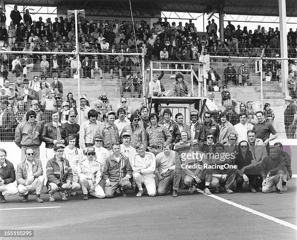 Early-1970s: NASCAR Modified drivers pose for a group shot just before an early-1970s event at Martinsville Speedway.
