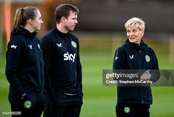 Perth , Australia - 24 July 2023; Manager Vera Pauw with asssitant manager Tom Elmes and StatSports analyst Niamh McDaid, left, during a Republic of...