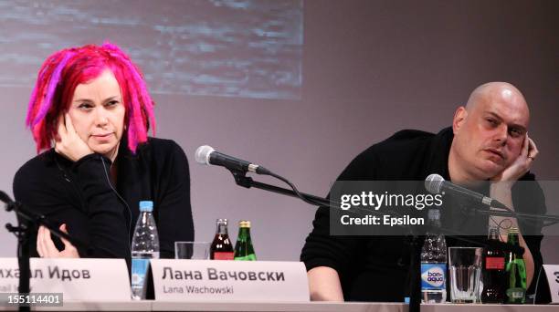 Lana Wachowski and Andy Wachowski attend the press conference of the Moscow premiere of 'Cloud Atlas' on November 1, 2012 in Moscow, Russia.