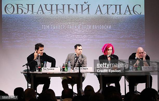 Tom Tykwer, Mikhail Idov , Lana Wachowski and Andy Wachowski attend the press conference of the Moscow premiere of 'Cloud Atlas' on November 1, 2012...