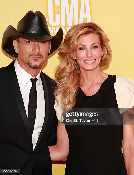 Country music artists Tim McGraw and Faith Hill attend the 46th annual CMA Awards at the Bridgestone Arena on November 1, 2012 in Nashville,...