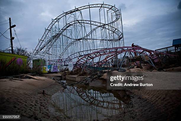 Damaged roller coaster sits inside Keansburg Amusement Park after Superstorm Sandy swept across the region, on November 1, 2012 in Keansburg, New...