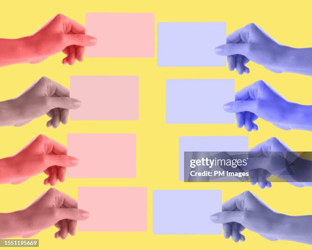Pink against blue - hands with cards