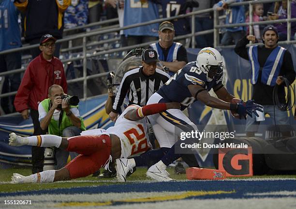 Antonio Gates of the San Diego Chargers scores a touchdown against Eric Berry of the Kansas City Chiefs on November 1, 2012 at Qualcomm Stadium in...