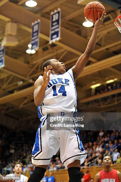 Rasheed Sulaimon of the Duke Blue Devils goes to the hoop against the Winston-Salem State Rams at Cameron Indoor Stadium on November 1, 2012 in...