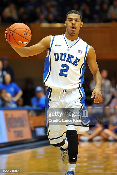 Quinn Cook of the Duke Blue Devils dribbles up court against the Winston-Salem State Rams at Cameron Indoor Stadium on November 1, 2012 in Durham,...