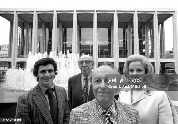 Portrait of, from left, dancer Edward Villella, composer Aaron Copland, conductor Andre Kostelanetz, and actress Mary Costa as they pose outside of...