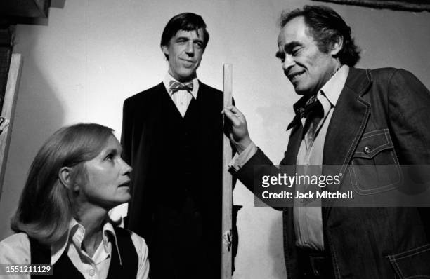 From left, actors Eva Marie Saint & Fred Gwynne, and director Gene Frankel rehearse for a performance of 'The Lincoln Mask' at the Plymouth Theater...
