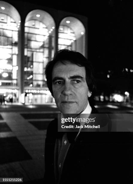 Portrait of producer and director Joseph Papp as he poses outside Lincoln Center, New York, New York, November 1973.