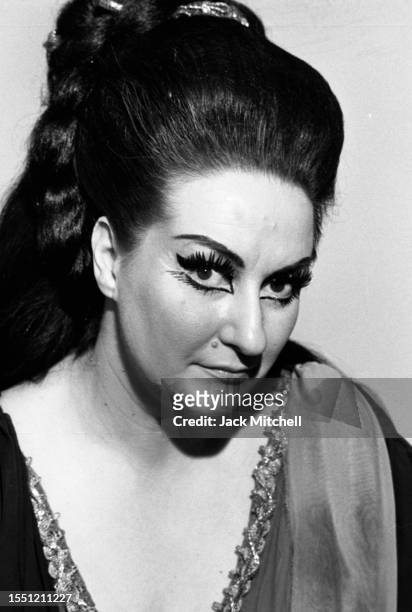 Portrait of soprano Montserrat Caballe, in makeup and costume for a Metropolitan Opera production of 'Norma', New York, New York, February 1973.