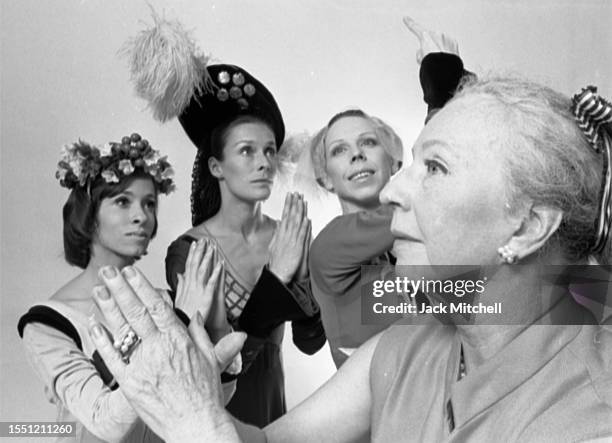 Dancer and choreographer Agnes de Mille rehearses with dancers Christine Sarry, Bonnie Mathias, and Sallie Wilson , New York, New York, July 1973.