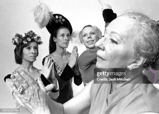 Dancer and choreographer Agnes de Mille rehearses with dancers Christine Sarry, Bonnie Mathias, and Sallie Wilson , New York, New York, July 1973.