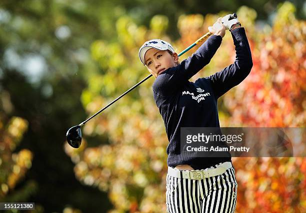Momoko Ueda of Japan tees off from the 2nd hole during the first round of Mizuno Classic at Kintetsu Kashikojima Country Club on November 2, 2012 in...