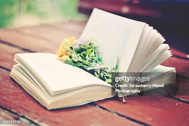 open book with bunch of flowers - bookmark stock pictures, royalty-free photos & images