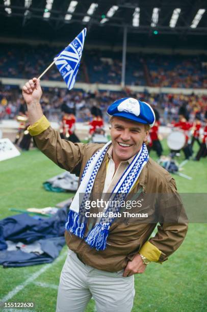 English comedian and Everton FC supporter Freddie Starr during the FA Cup Final at Wembley, London, 19th May 1984. Everton beat Watford 2-0.