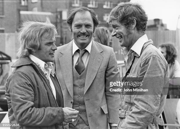 From left to right, English comedian Freddie Starr, American actor Stacy Keach and British actor Stephen Boyd during a break in the filming of 'The...