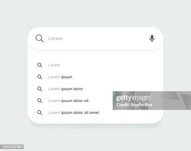 bildbanksillustrationer, clip art samt tecknat material och ikoner med search bar for ui ux with suggestions clean design vector template. search engine browser mockup - leta