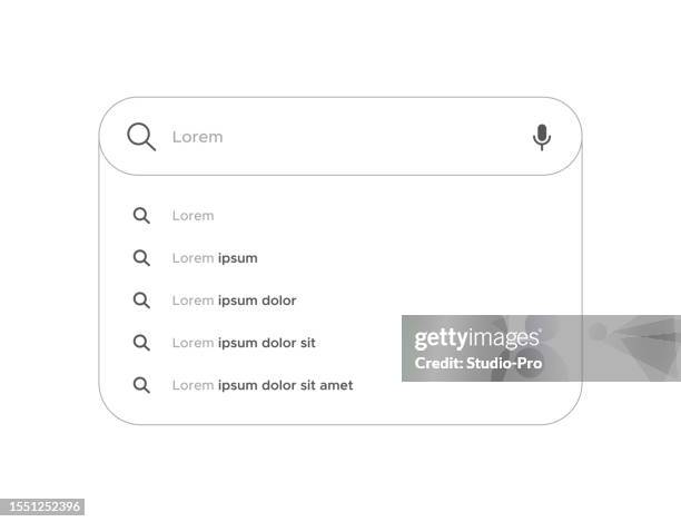 search bar for ui ux with suggestions line art design vector template. search engine browser mockup with editable stroke - menu mockup stock illustrations