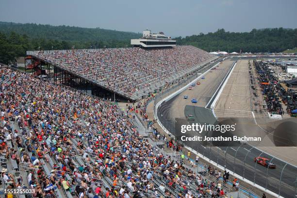 General view of racing from the grandstands during the NASCAR Cup Series Crayon 301 at New Hampshire Motor Speedway on July 17, 2023 in Loudon, New...