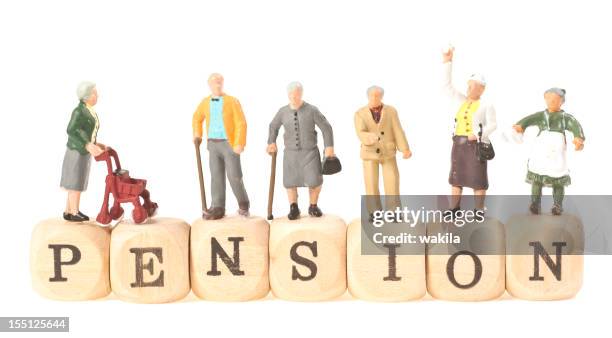 pension word with pensioner - figurine stockfoto's en -beelden