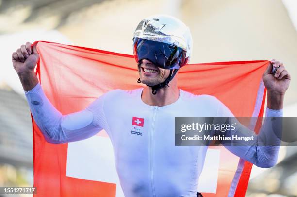 Marcel Hug of Switzerland celebrates winning the Men's 800m T54 Final during day ten of the Para Athletics World Championships Paris 2023 at Stade...